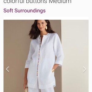 Soft surroundings Desert linenTunic embroidered white colorful buttons Medium